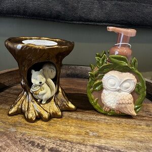 Bath & Body Works Sleepy Owl Hand Soap Dispenser flaw & Squirrel Candle holder